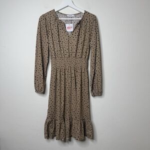 Brown & Black Polka Dot S Long Sleeve Knee Length Dress Preppy Modest Work Wear